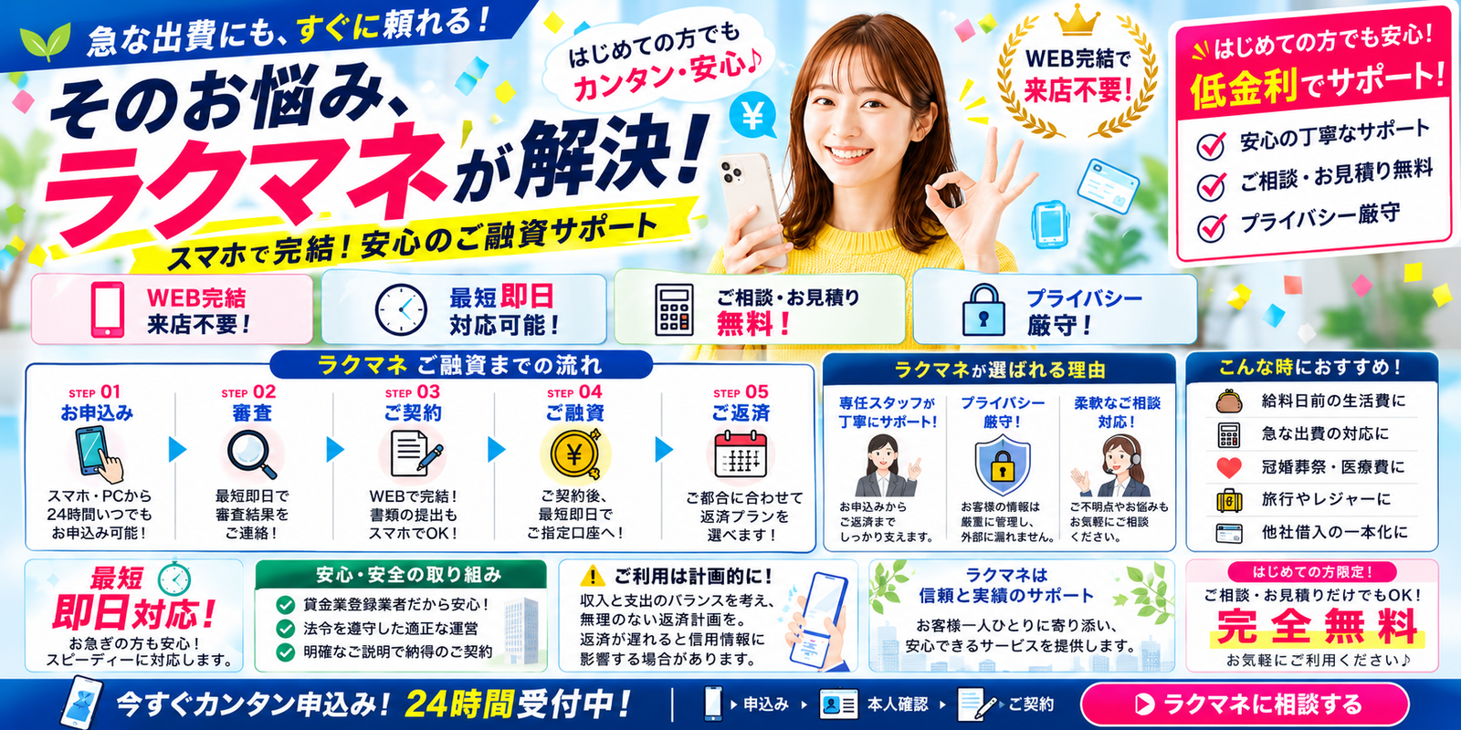 急な出費、頼ってください。WEB完結・来店不要・低金利・相談見積り無料。融資の流れ STEP01〜05。安心のサポート体制と安心・安全の取り組み。